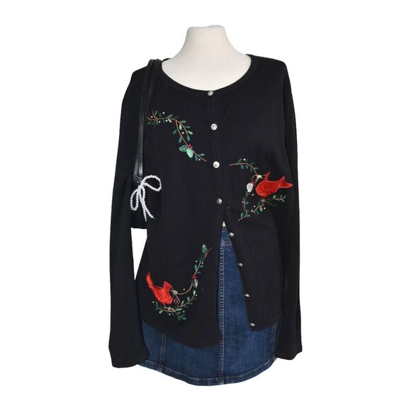 Vintage 90s Classic Elements Grandma Black Cardigan Birds Sz 22 XL - Picture 1 of 7